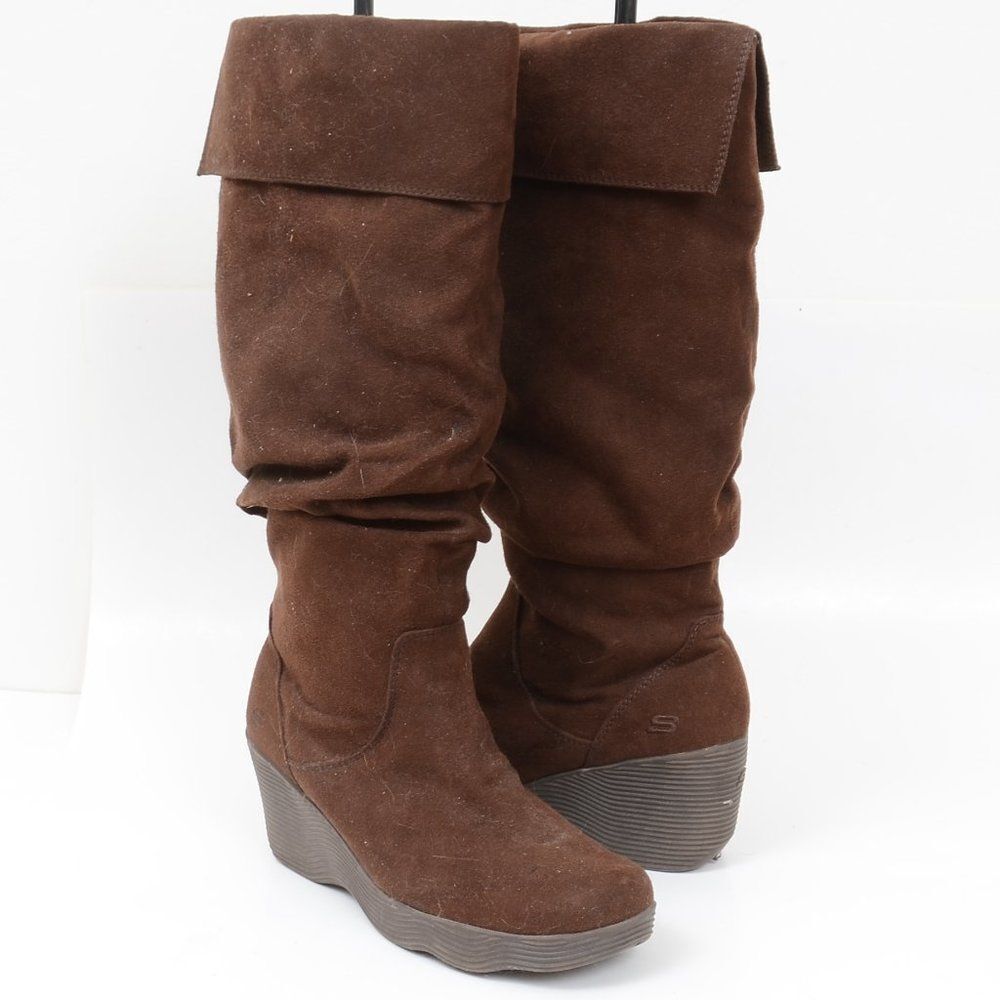 Skechers Womens Size 7.5 Vegan Suede Wedge Knee Boots Slouchy‎ Scrunch Festival